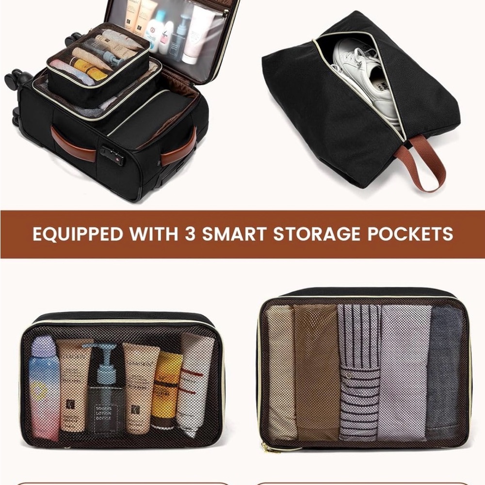 Lovevook Carry on Luggage 22X14X9, 20 Inch Softside Suitcase with 4 Pcs, - Picture 6 of 9